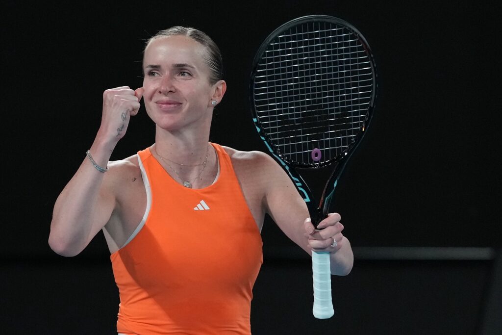 Elina Svitolina of Ukraine celebrates after defeating Coco Gauff of the U.S. in their quarterfinal match at the Australian Open tennis championship in Melbourne, Australia, Tuesday, Jan. 27, 2026. (AP Photo/Asanka Brendon Ratnayake)
