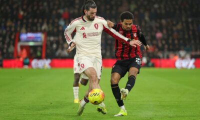 Liverpool's Dominik Szoboszlai, left challenges Bournemouth's Amine Adli during the English Premier League soccer match between Bournemouth and Liverpool in Bournemouth, England, Saturday, Jan. 24, 2026. (AP Photo/Ian Walton)