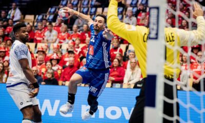 France's Hugo Descat throws during the European Championship handball match between France and Portugal in Herning, Denmark on Saturday, Jan. 24, 2026. (Sebastian Elias Uth /Ritzau Scanpix via AP)