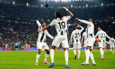 Juventus' Jonathan David celebrates after scoring his side's second goal during the Serie A soccer match between Juventus and Cremonese in Turin, Italy, Jan. 12, 2026. (Fabio Ferrari/LaPresse via AP)
