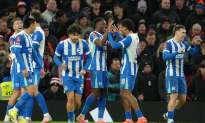 Brighton players celebrate a goal during the FA Cup third round soccer match between Manchester United and Brighton in Manchester, England, Sunday, Jan. 11, 2026. (AP Photo/Jon Super)
