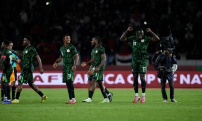 Nigeria national team react after winning on penalties during the Africa Cup of Nations third place game between Egypt and Nigeria in Casablanca, Morocco, Saturday, Jan. 17, 2026. (AP Photo/Themba Hadebe)