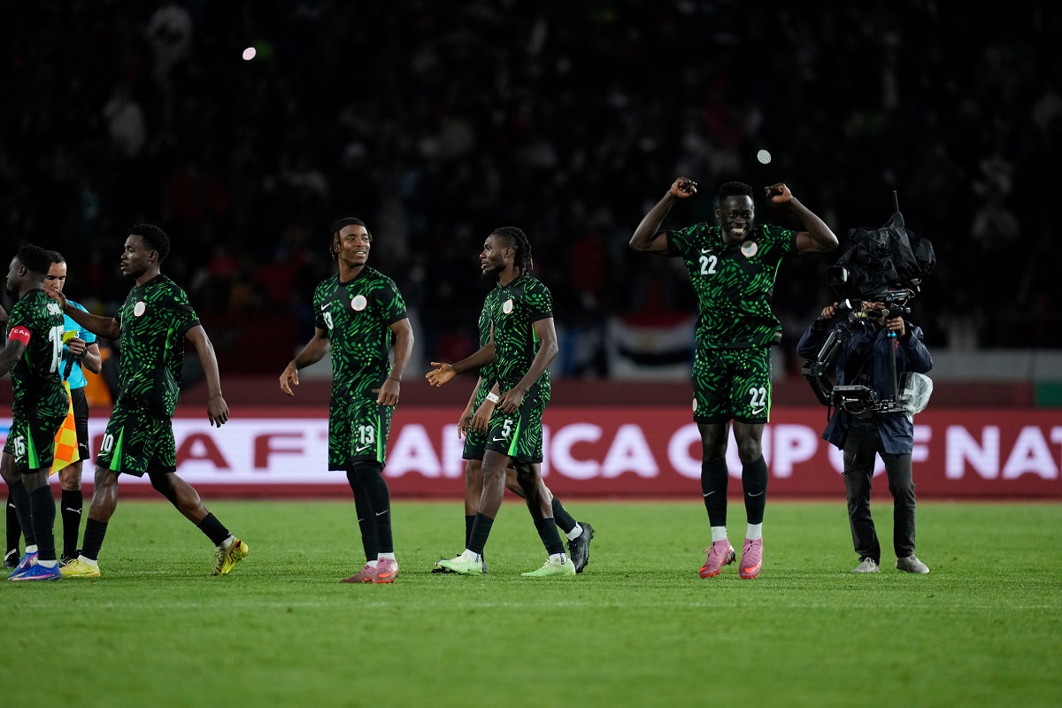 Nigeria national team react after winning on penalties during the Africa Cup of Nations third place game between Egypt and Nigeria in Casablanca, Morocco, Saturday, Jan. 17, 2026. (AP Photo/Themba Hadebe)