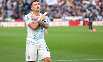 Inter Milan's Lautaro Martinez celebrates after scoring his side's opening goal, during the Serie A soccer match between Udinese and Inter, in Udine, Italy, Saturday, Jan. 17, 2026. (Andrea Bressanutti/LaPresse via AP)