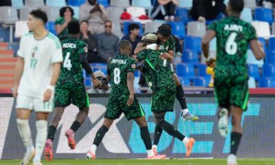 Nigeria's Victor Osimhen celebrates with teammates after scoring the opening goal during the Africa Cup of Nations quarterfinal soccer match between Nigeria and Algeria, in Marrakech, Morocco, Saturday, Jan. 10, 2026. (AP Photo/Themba Hadebe)