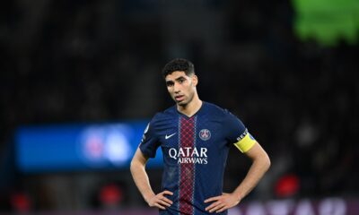 PSG's Achraf Hakimi reacts during the French League One soccer match between Paris Saint-Germain and Metz in Paris, France, Saturday, Feb. 21, 2026. (AP Photo/Emma Da Silva)
