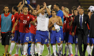 Neven Subotic, Zdravko Kuzmanovic, Branislav Ivanovic, Lazar Markovic, Sinisa Mihajlovic selektor i trener fudbal reprezentacija Srbija prijateljska utakmica protiv Republika Irska na stadionu Crvene zvezde tuga 15.08.2012. godine Foto: Marko Metlas