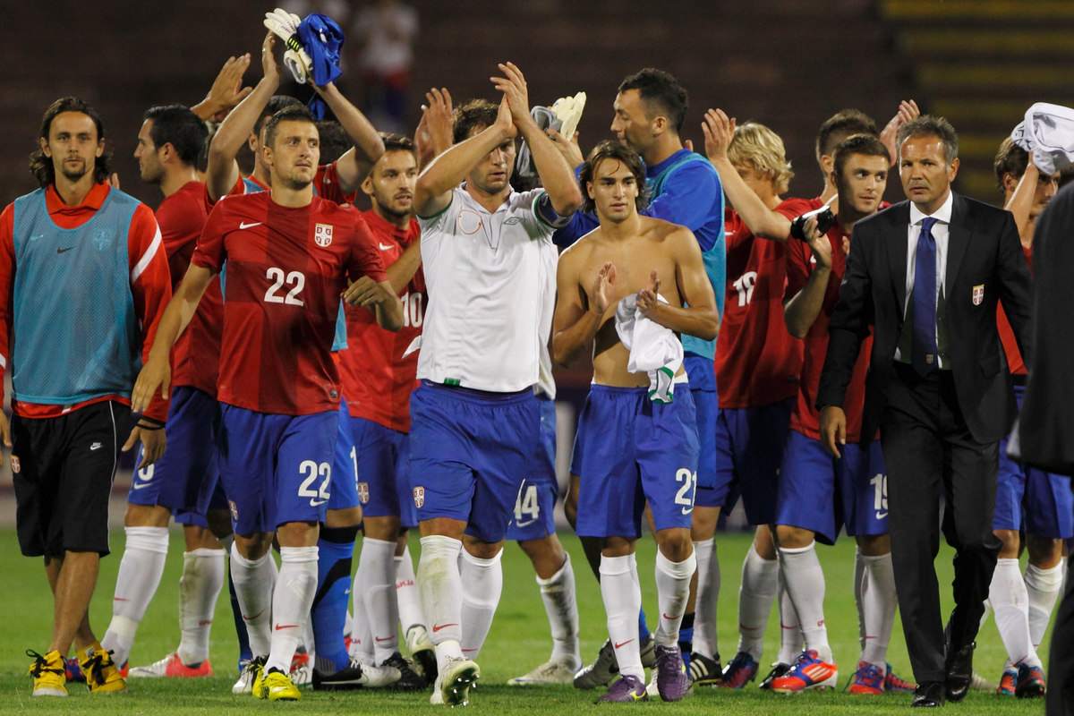 Neven Subotic, Zdravko Kuzmanovic, Branislav Ivanovic, Lazar Markovic, Sinisa Mihajlovic selektor i trener fudbal reprezentacija Srbija prijateljska utakmica protiv Republika Irska na stadionu Crvene zvezde tuga 15.08.2012. godine Foto: Marko Metlas
