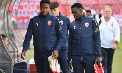 ANDRES SANDOVAL RODRIGUEZ KEIMER Andres Sandoval Rodrigez Kejmer i MOUHAMADOU MOUSTAPHA FALL Muhamadu Mustafa Fal fudbaleri Crvene zvezde na utakmici Superlige Prvenstva Srbije protiv Vojvodine Novi Sad na stadionu Rajka Mitica, Beograd, 11.05.2025. godine Foto: Marko Metlas Fudbal, Crvena zvezda, Superliga Prvenstvo Srbije, Vojvodina Novi Sad