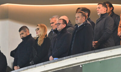 DANKO LAZOVIC clan Uprave, MILKA FORCAN clan UO, PREDRAG MIJATOVIC podpredsednik, RASIM LJAJIC predsednik, BRANKO RADUJKO sekretar FSS fudbaleri Partizana na utakmici Superlige Prvenstva Srbije protiv Novog Pazara na stadionu Partizana, Beograd 09.11.2025. godine Foto: Marko Metlas Fudbal, Partizan, Superliga Prvenstvo Srbije, Novi Pazar