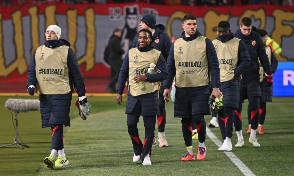BRUNO DUARTE DA SILVA , MENDES JOAO FELICIO MILSON Mendes Zoao Felisio Milson, OMRI GLAZER golman fudbaler Crvene zvezde na utakmici UEFA Lige Evropa protiv Selte Vigo na stadionu Rajka Mitica, Beograd 29.01.2026. godine Foto: Marko Metlas Fudbal, Crvena zvezda, UEFA Liga Evropa, Selta Vigo