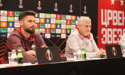 OLIVIER GIROUD Olivije Ziru, fudbaler Lila, i BRUNO GENESIO Djenesio, trener fudbalera Lila, na press konferenciji pred mec Crvena zvezda - Lill, na stadionu Rajko Mitic. Beograd, 25.02.2026. foto: MN Press / mr Fudbal, Crvena zvezda