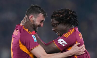 Roma's Bryan Cristante, left, celebrates after scoring 1-0, with his teammate Roma's Manu Kone, during the Serie A soccer match between Roma and Cremonese, in Rome, Italy, Sunday, Feb. 22, 2026. (Alfredo Falcone/LaPresse via AP)