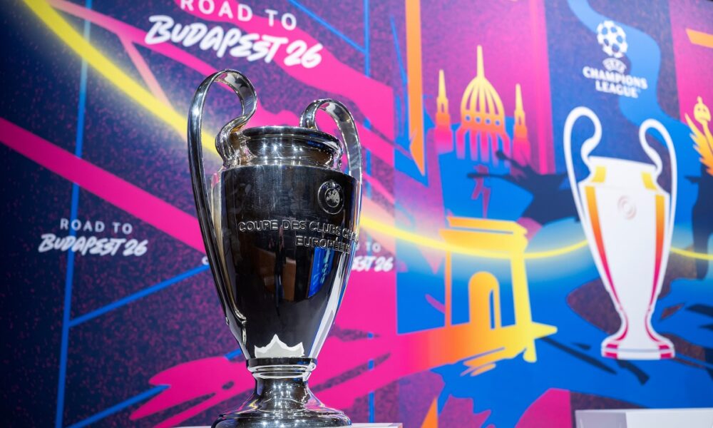 The Champions League trophy is displayed ahead of the UEFA Champions League round of 16, quarter-final, semi-final and final draw, at the UEFA headquarters in Nyon, Switzerland, Friday, Febr. 27, 2026. (Martial Trezzini/Keystone via AP)