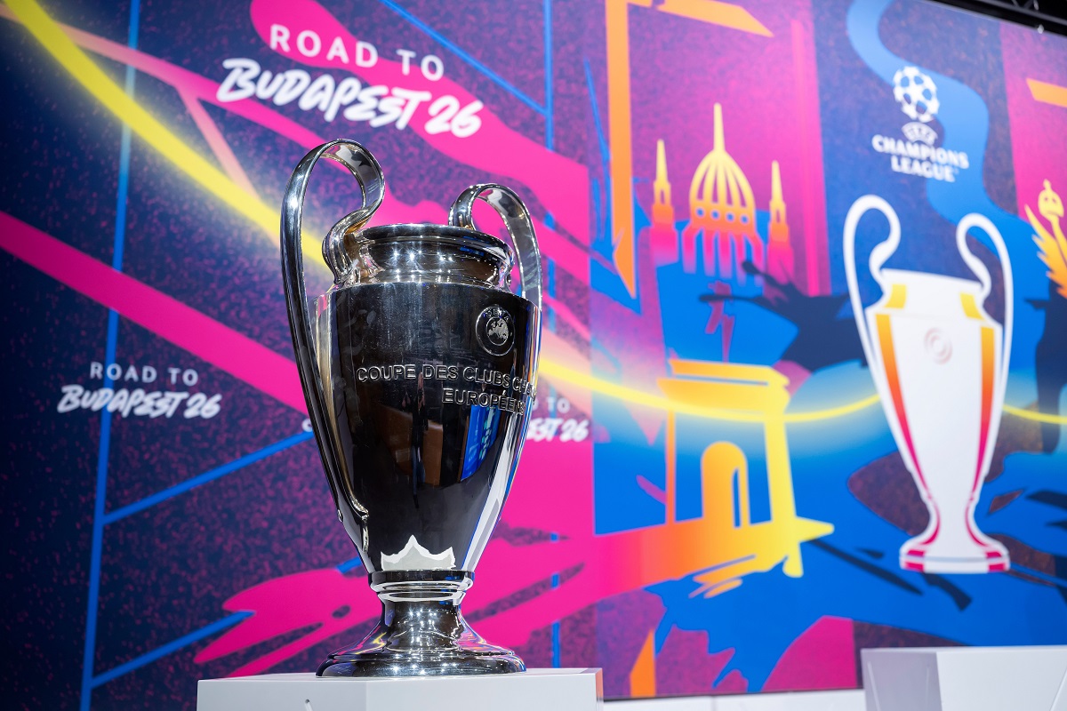 The Champions League trophy is displayed ahead of the UEFA Champions League round of 16, quarter-final, semi-final and final draw, at the UEFA headquarters in Nyon, Switzerland, Friday, Febr. 27, 2026. (Martial Trezzini/Keystone via AP)