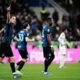 Inter Milan's Francesco Pio Esposito, left, celebrates after scoring a goal during the Serie A soccer match between Inter Milan and Juventus, Saturday, Feb. 14, 2026, in Milan, Italy. (Marco Alpozzi/LaPresse via AP)