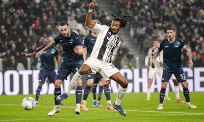 Juventus' Khephren Thuram and Lazio's Mario Gila, left, in action during the Serie A soccer match between Juventus and Lazio in Turin, Italy, Sunday Feb. 8, 2026. (Marco Alpozzi/LaPresse via AP)