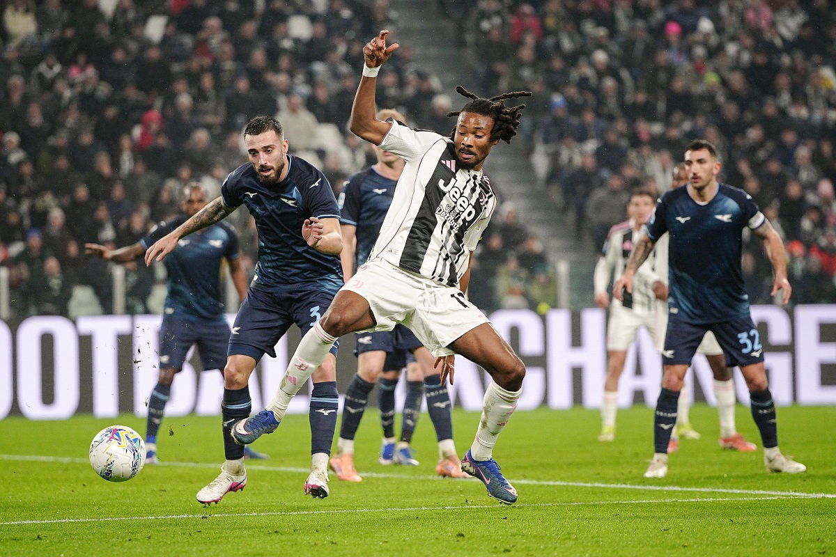 Juventus' Khephren Thuram and Lazio's Mario Gila, left, in action during the Serie A soccer match between Juventus and Lazio in Turin, Italy, Sunday Feb. 8, 2026. (Marco Alpozzi/LaPresse via AP)