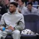 Milwaukee Bucks' Giannis Antetokounmpo watches from the bench during the first half of an NBA basketball game Tuesday, Feb. 3, 2026, in Milwaukee. (AP Photo/Morry Gash)