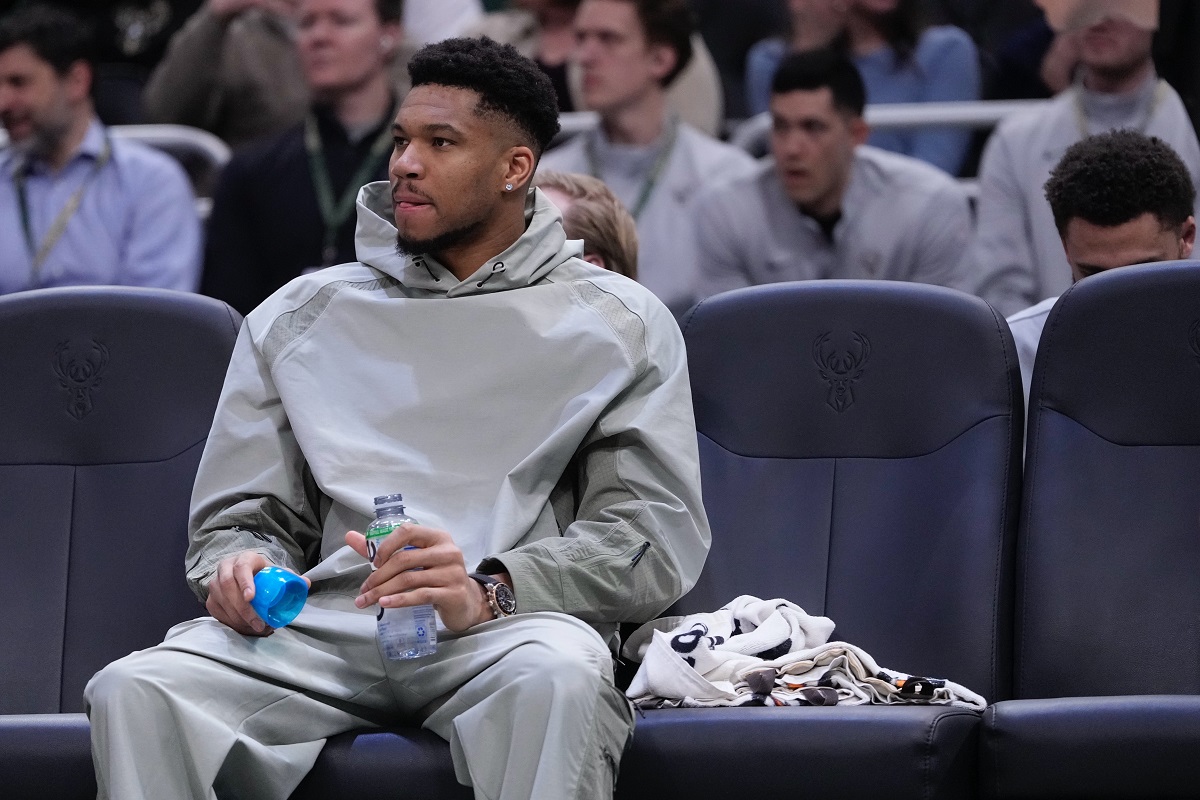 Milwaukee Bucks' Giannis Antetokounmpo watches from the bench during the first half of an NBA basketball game Tuesday, Feb. 3, 2026, in Milwaukee. (AP Photo/Morry Gash)