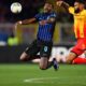 Lecce's Jamil Siebert, right, and Inter's Marcus Thuram in action during the Italian Serie A soccer match between Lecce and Inter Milan in Lecce, Italy, Saturday, Feb. 21, 2026. (Giovanni Evangelista/LaPresse via AP)