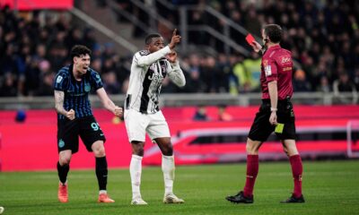 Juventus' Pierre Kalulu reacts after getting a red card during the Serie A soccer match between Inter Milan and Juventus, Saturday, Feb. 14, 2026, in Milan, Italy. (Marco Alpozzi/LaPresse via AP)