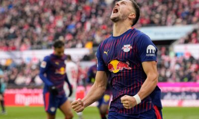 Leipzig's Christoph Baumgartner celebrates after scoring during a German Bundesliga soccer match between Cologne and Leipzig in Cologne, Germany, Sunday, Feb. 8, 2026. (AP Photo/Martin Meissner)