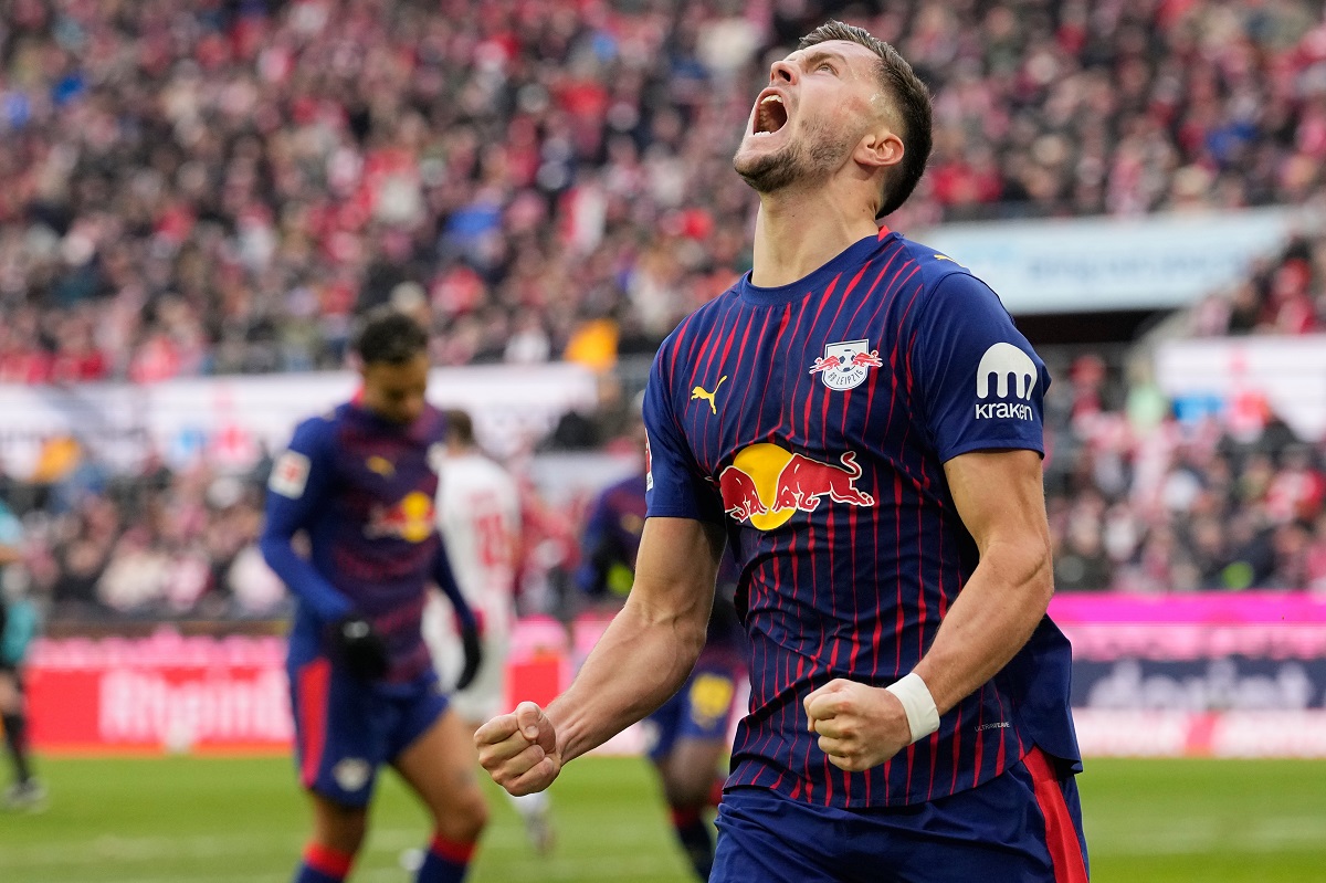 Leipzig's Christoph Baumgartner celebrates after scoring during a German Bundesliga soccer match between Cologne and Leipzig in Cologne, Germany, Sunday, Feb. 8, 2026. (AP Photo/Martin Meissner)