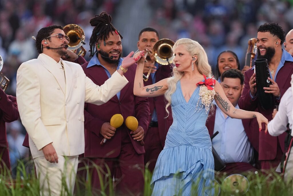 Bad Bunny and Lady Gaga perform during halftime of the NFL Super Bowl 60 football game between the New England Patriots and the Seattle Seahawks, Sunday, Feb. 8, 2026, in Santa Clara, Calif. (AP Photo/Matt Slocum)