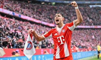 Munich's Aleksandar Pavlovic celebrates scoring during the Bundesliga soccer match between Bayern Munich and Eintracht Frankfurt in Munich, Germany, Saturday Feb. 21, 2026. (Harry Langer/dpa via AP)