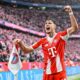 Munich's Aleksandar Pavlovic celebrates scoring during the Bundesliga soccer match between Bayern Munich and Eintracht Frankfurt in Munich, Germany, Saturday Feb. 21, 2026. (Harry Langer/dpa via AP)