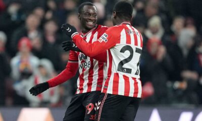 Sunderland's Habib Diarra, left, celebrates scoring his team's second goal against Burnley at the Stadium of Light in Sunderland, Monday, Feb. 2, 2026. (Martin Rickett/PA via AP)
