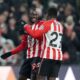 Sunderland's Habib Diarra, left, celebrates scoring his team's second goal against Burnley at the Stadium of Light in Sunderland, Monday, Feb. 2, 2026. (Martin Rickett/PA via AP)