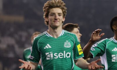 Newcastle's Anthony Gordon celebrates after scoring his side's first goal during the Champions League play-off first leg soccer match between Qarabag and Newcastle in Baku, Azerbaijan, Wednesday, Feb. 18, 2026. (AP Photo)
