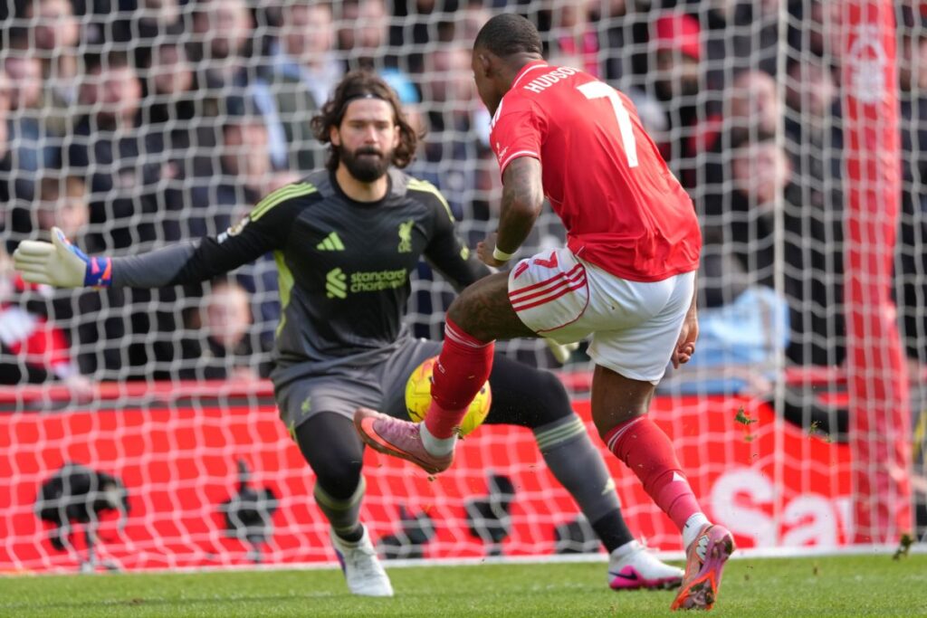 Nottingham Forest's Callum Hudson-Odoi shoots on goal during the English Premier League soccer match between Nottingham Forest and Liverpool in Nottingham, Sunday, Feb. 22, 2026.(AP Photo/Dave Shopland)