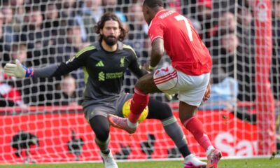 Nottingham Forest's Callum Hudson-Odoi shoots on goal during the English Premier League soccer match between Nottingham Forest and Liverpool in Nottingham, Sunday, Feb. 22, 2026.(AP Photo/Dave Shopland)