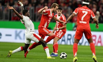 Bayern's Harry Kane, center, in action during the German Cup soccer match between Bayern Munich and RB Leipzig in Munich, Germany, Wednesday, Feb. 11, 2026. (Sven Hoppe/dpa via AP)