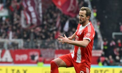 Bayern's Harry Kane celebrates after scoring his side's second goal during the German Bundesliga soccer match between Werder Bremen and Bayern Munich, in Bremen, Germany, Saturday, Dec. 14, 2026. (Carmen Jaspersen/dpa via AP)