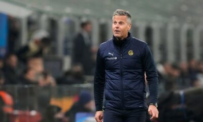 Glimt's head coach Kjetil Knutsen reacts during a Champions League playoff soccer match between Inter Milan and Bodo Glimt, at the San Siro stadium in Milan, Italy, Tuesday, Feb.24, 2026. (AP Photo/Luca Bruno)