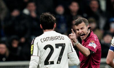 Referee Federico La Penna shouts during the Serie A soccer match between Inter Milan and Juventus, Saturday, Feb. 14, 2026, in Milan, Italy. (Marco Alpozzi/LaPresse via AP)