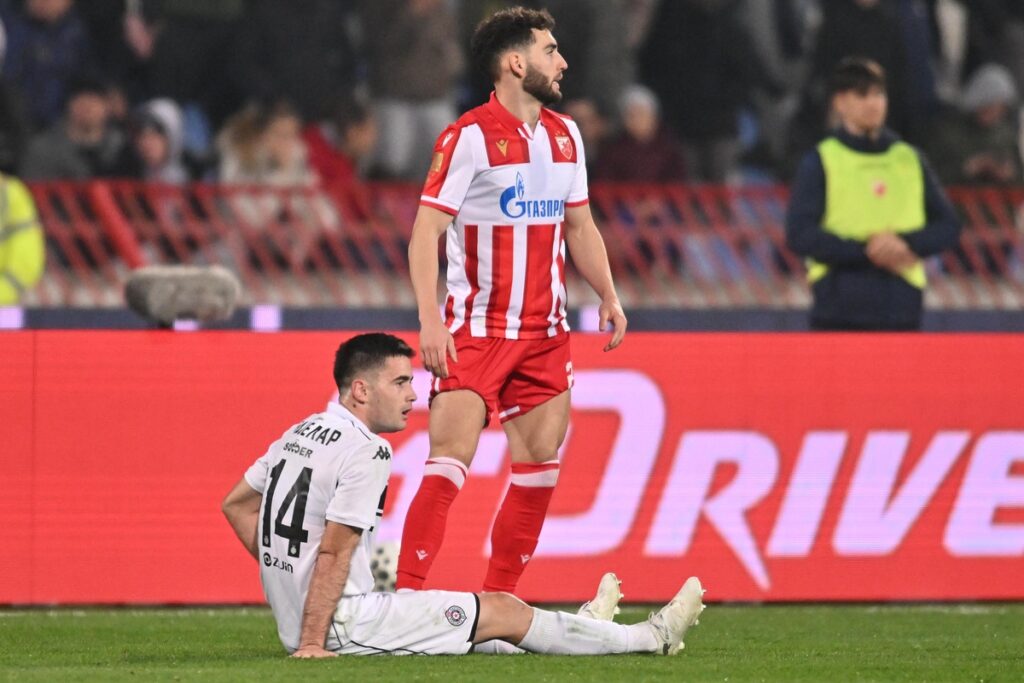 fudbaler Partizana na utakmici Superlige Prvenstva Srbije protiv Crvene zvezde na stadionu Rajka Mitica, Beograd, 22.02.2026. godine Foto: Marko Metlas Fudbal, Crvena zvezda, Superliga Prvenstvo Srbije, Partizan