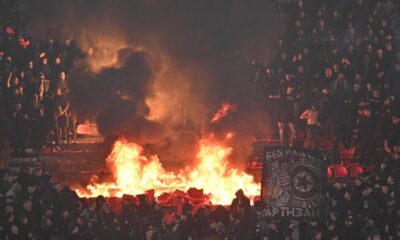 Navijači Partizana na utakmici Superlige Prvenstva Srbije protiv Crvene zvezde na stadionu Rajka Mitica, Beograd, 22.02.2026. godine Foto: Marko Metlas Fudbal, Crvena zvezda, Superliga Prvenstvo Srbije, Partizan