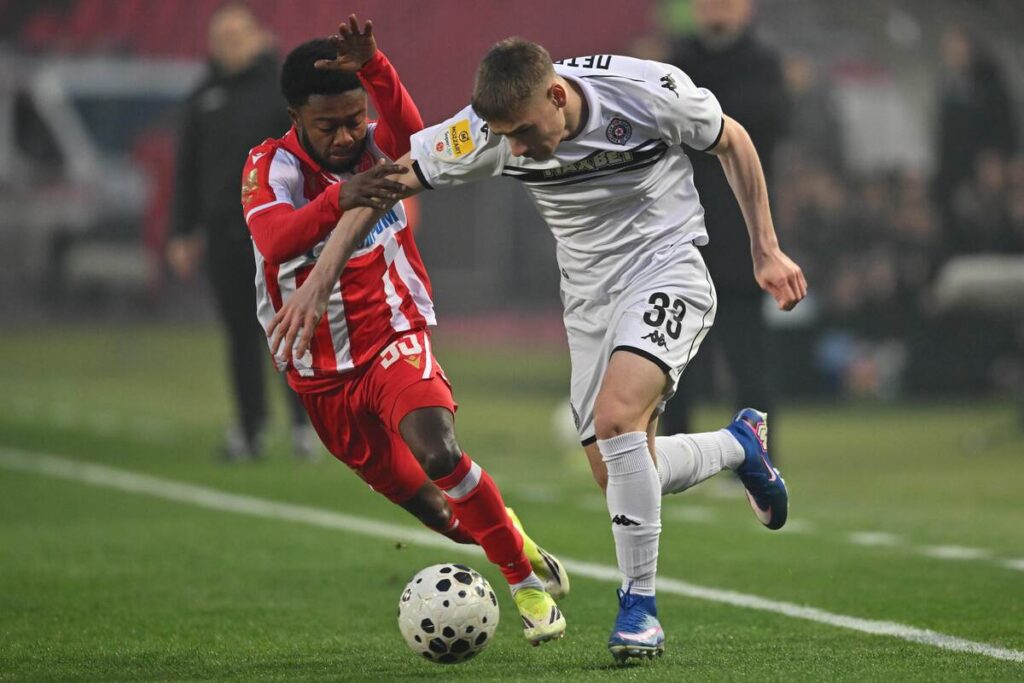 fudbaler Crvene zvezde na utakmici Superlige Prvenstva Srbije protiv Partizana na stadionu Rajka Mitica, Beograd, 22.02.2026. godine Foto: Marko Metlas Fudbal, Crvena zvezda, Superliga Prvenstvo Srbije, Partizan