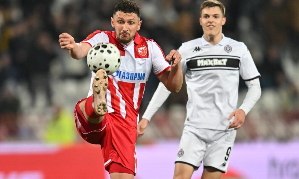 fudbaler Crvene zvezde na utakmici Superlige Prvenstva Srbije protiv Partizana na stadionu Rajka Mitica, Beograd, 22.02.2026. godine Foto: Marko Metlas Fudbal, Crvena zvezda, Superliga Prvenstvo Srbije, Partizan