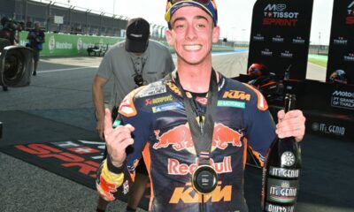 Spain's rider Pedro Acosta of Red Bull KTM Factory Racing celebrates after the MotoGP sprint race at the Chang International Circuit in Buriram,Thailand, Saturday, Feb. 28, 2026. (AP Photo/Kittinun Rodsupan)