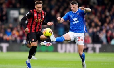 Sunderland's Granit Xhaka, right, and Bournemouth's Marcus Tavernier, left, challenge for the ball during the English Premier League soccer match between AFC Bournemouth and AFC Sunderland in Bournemouth, England, Saturday, Feb. 28, 2026. (Andrew Matthews/PA via AP)