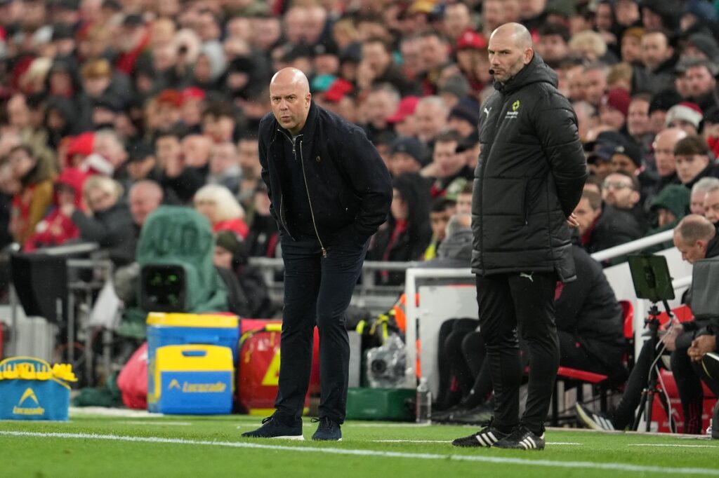 Liverpool's manager Arne Slot watches from the sidelibe during the English Premier League soccer match between Liverpool and Manchester City in Liverpool, England, Sunday, Feb. 8, 2026. (AP Photo/Jon Super)