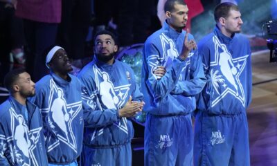 World players line up before the NBA All-Star basketball game Sunday, Feb. 15, 2026, in Inglewood, Calif. (AP Photo/Jae C. Hong)