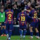 Barcelona's Marc Bernal, right, is congratulated after scoring his side's 3rd goal during the Spanish La Liga soccer match between Barcelona and Mallorca in Barcelona, Spain, Saturday, Feb. 7, 2026. (AP Photo/Joan Monfort)