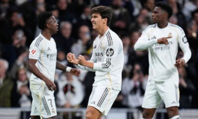 Real Madrid's Gonzalo Garcia, center, celebrates scoring his side's opening goal during the Spanish La Liga soccer match between Real Madrid and Real Sociedad in Madrid, Spain, Saturday, Feb. 14, 2026. (AP Photo/Manu Fernandez)